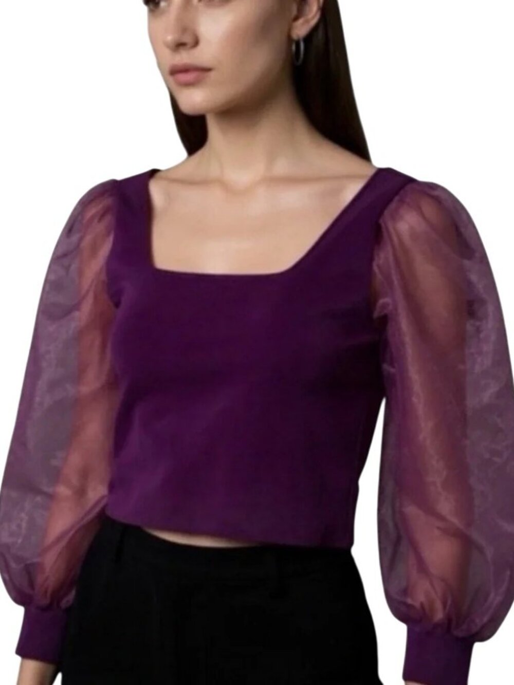House of Harlow 1960 Purple Chiffon Organza Puff Sleeve Cropped Blouse